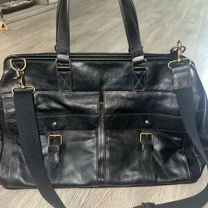 Fossil Black Leather Miles Duffle Bag Messenger Briefcase Bag